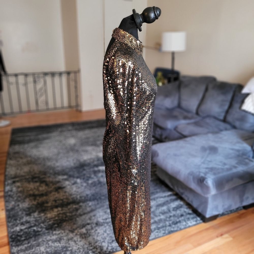 Vintage Sequin Long Sleeve Midi Dress - Gold - Size 8 - Picture 4 of 16